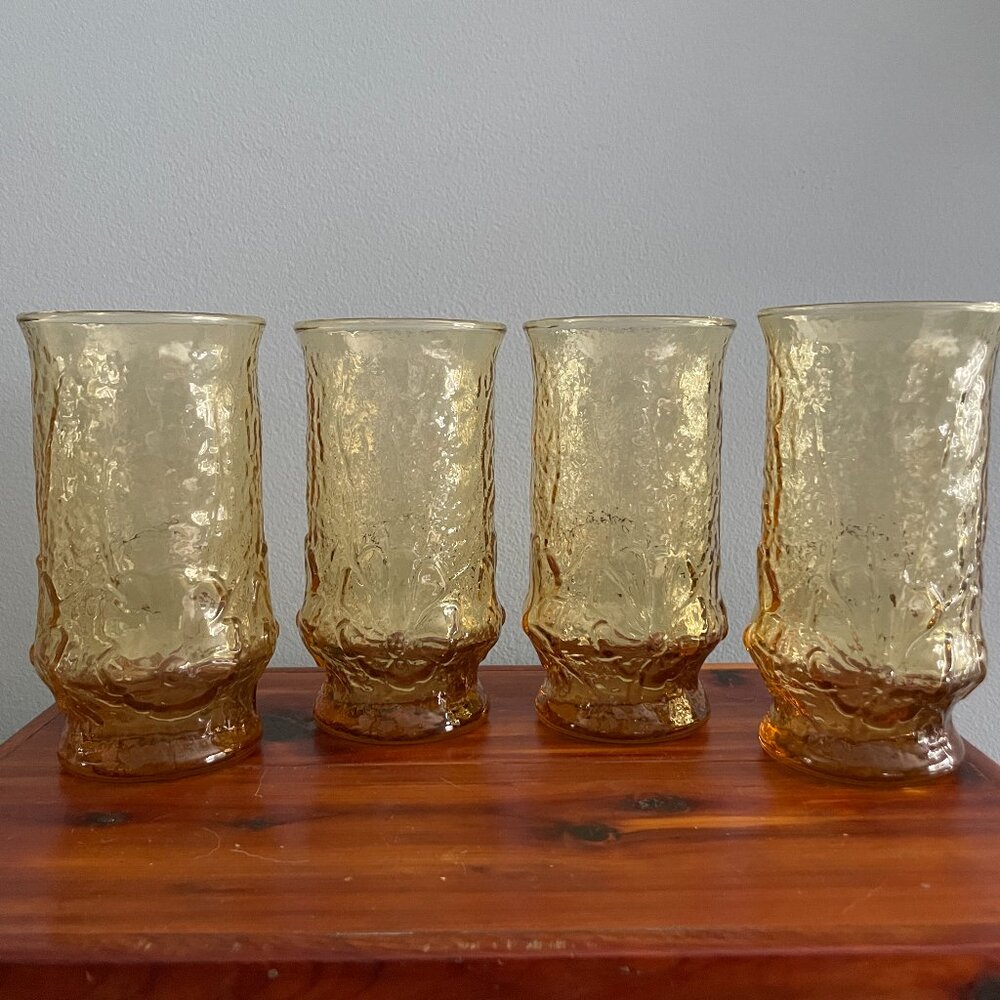 4 Vintage Amber Anchor Hocking Rainflower Rain Flower Tumbler Drinking Glasses